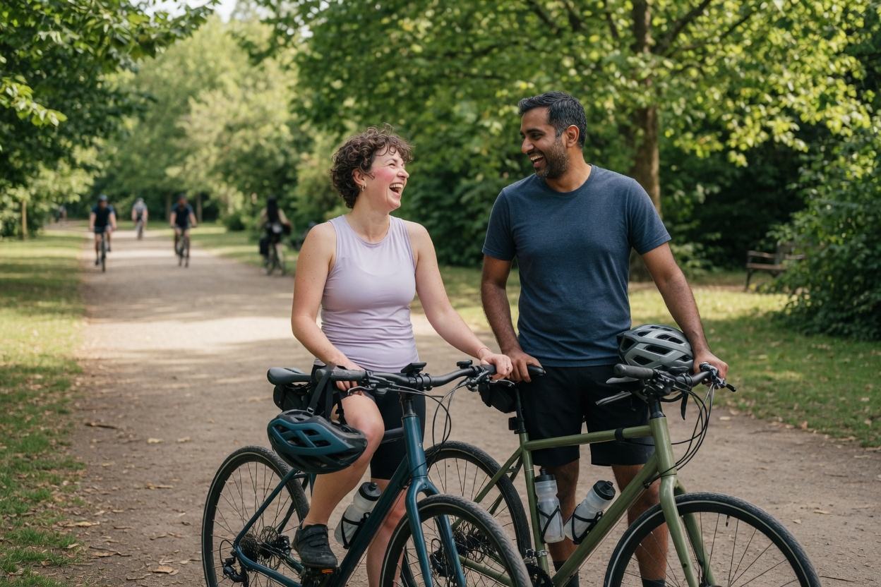 A couple pausing on a park path during a bike ride